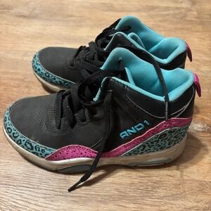 AND1 Girls Size 2 Pink Teal and Black Leopard High Top Sneakers